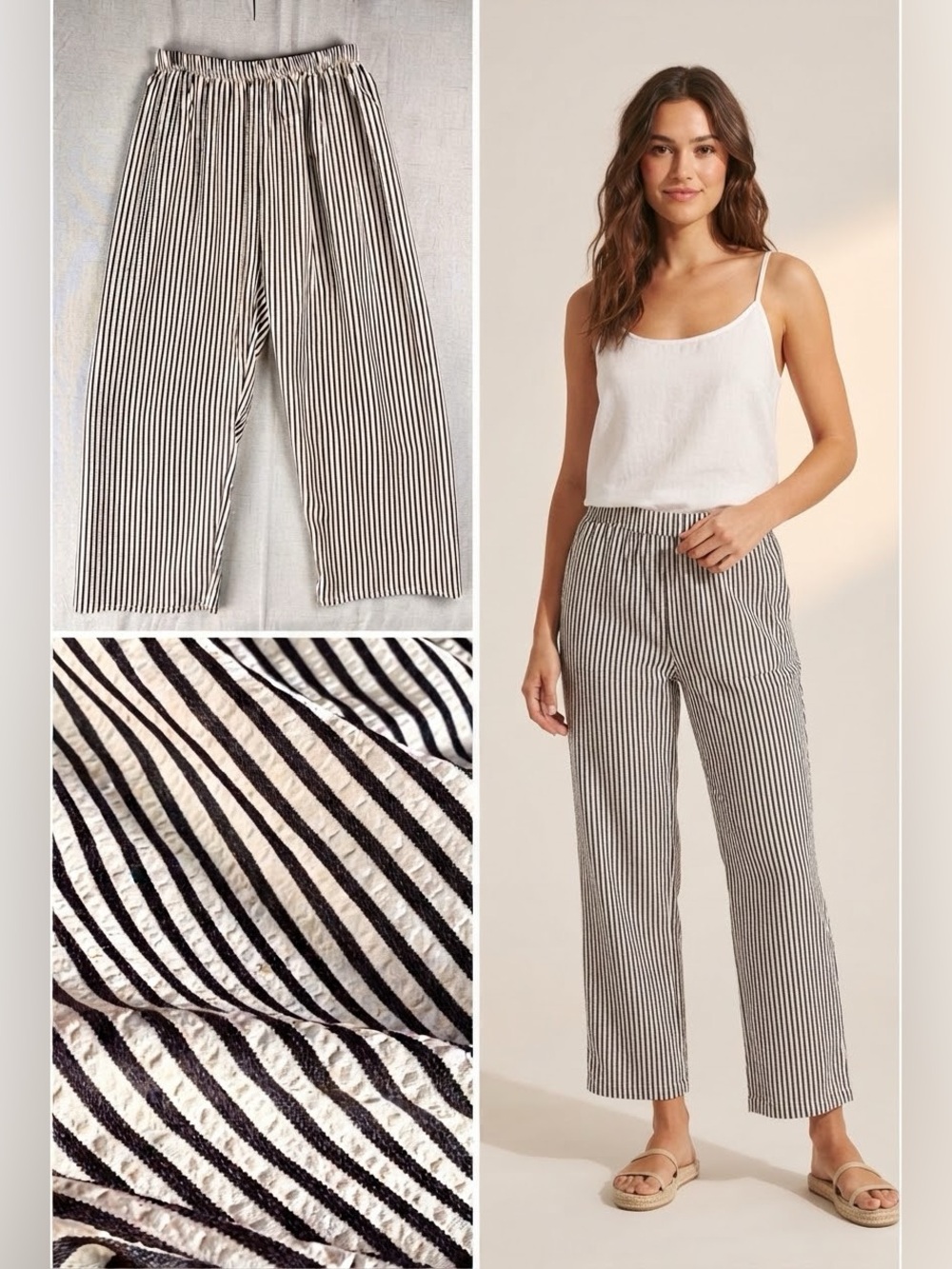 Wide Leg Black White Seersucker Stripe Stretch Waist High Rise Ankle Pants M L